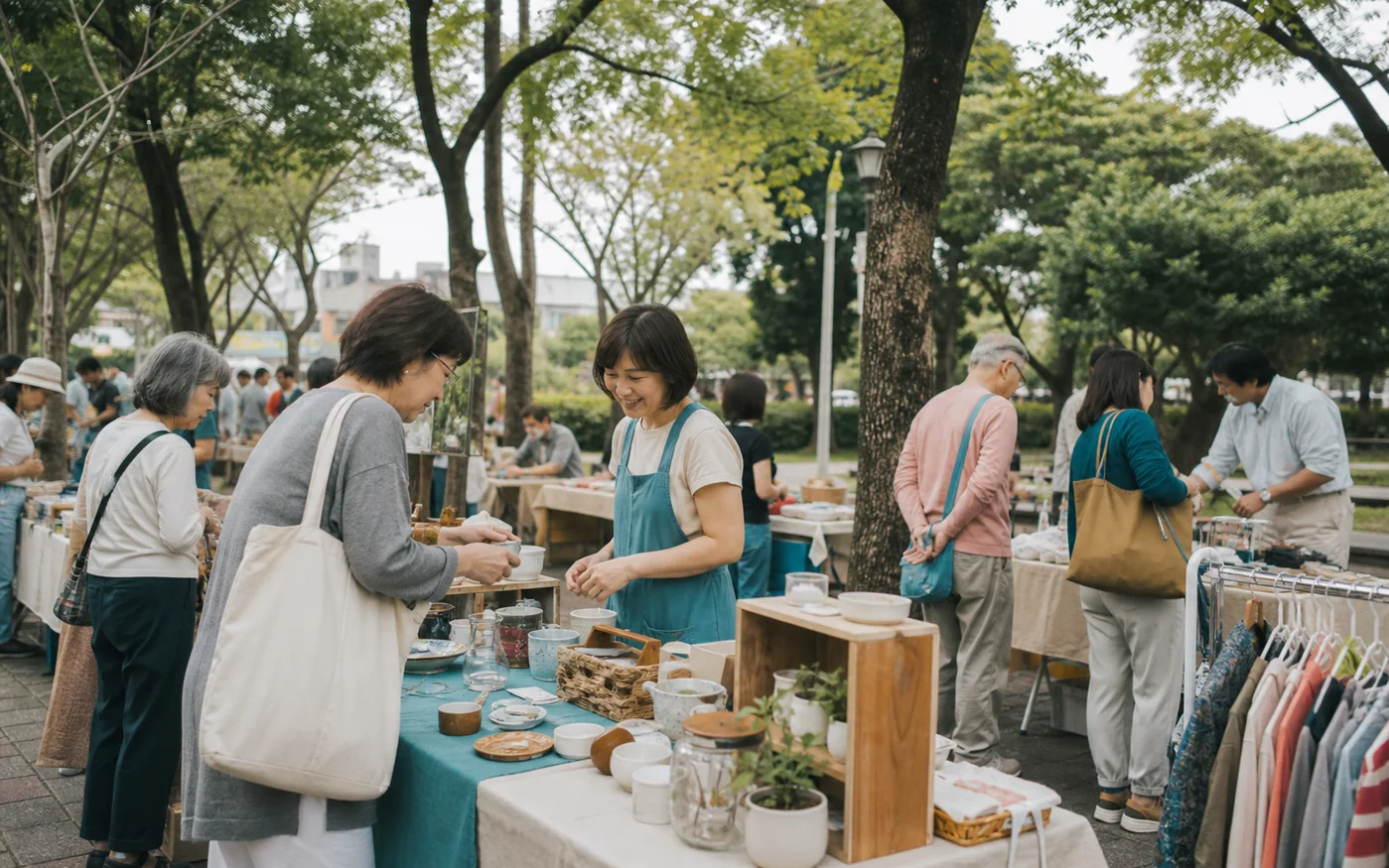 戶外市集攤位與居民交流