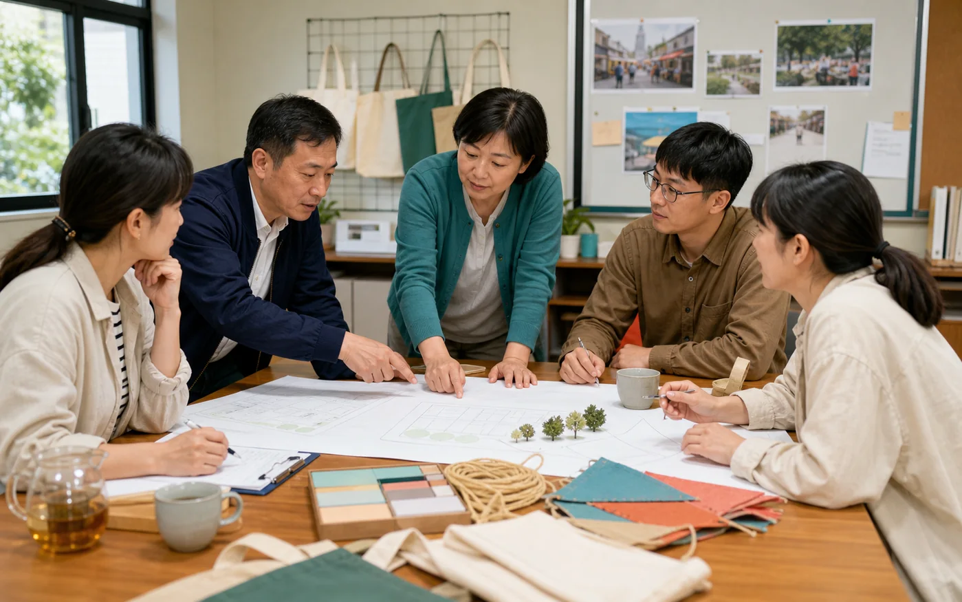 工作人員在會議桌旁討論活動