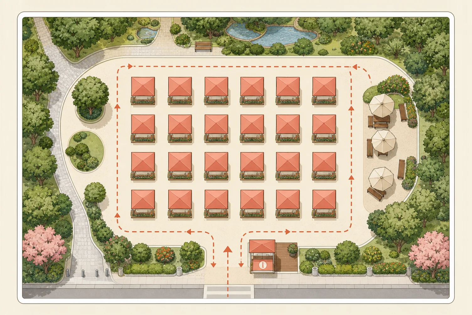 路竹公園活動現場地圖，標示入口服務台、二手攤位區、休息區與主要動線。
